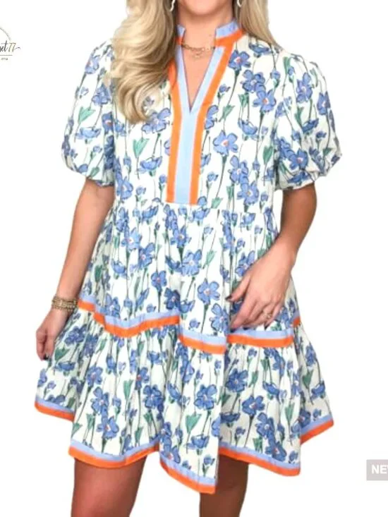 Puff Sleeve Floral Print Mini Dress with Pockets, Casual V-Neck Pull On - Picture 2 of 5